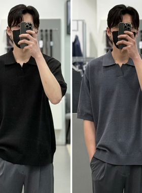 0322夏款Liberclassy韩版混合灰色黑色V型开口翻领针织短袖T恤