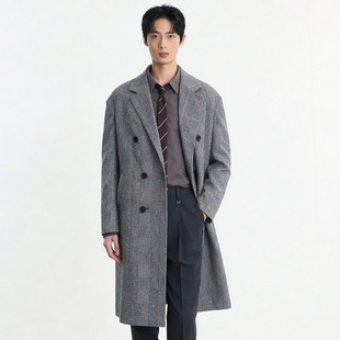 $国内现货韩国3折特价SIEG FAHRENHEIT格纹双排扣西装领风衣男士