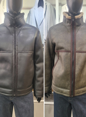 0130冬OLZEN机车风帅气人造皮革拼接皮毛一体宽松休闲短款皮夹克