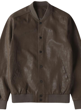 0101秋冬款PANICALE卡其棕色按扣针织亨利领束腰休闲仿皮皮衣外套