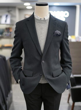 0130秋季BASSO深绿色弹力时尚双扣平驳领商务休闲西服外套