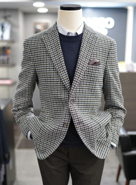 0130秋款BASSO灰色格纹平驳领双扣羊毛混纺商务休闲西服上衣男士