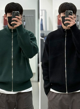 0101冬Liberclassy绿色高领立领拉链羊毛宽松休闲针织衫开衫男士