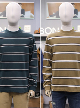 0101秋款BON绿色棕色条纹纯棉圆领休闲宽松休闲长袖T恤2色