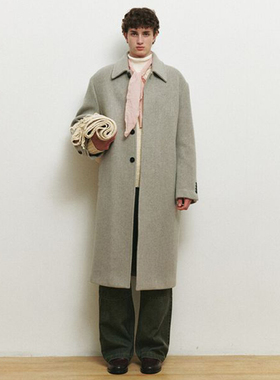 0101冬季新款Mind Bridge心桥浅灰色羊毛混纺宽松长款毛呢大衣
