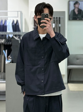 0322春款Liberclassy深藏青色亚麻混纺翻领口袋衬衫式夹克