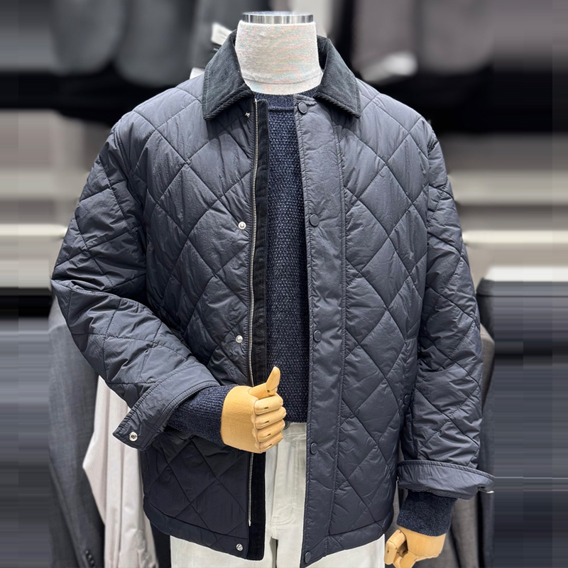 灯芯绒翻领菱格绗缝夹克棉服