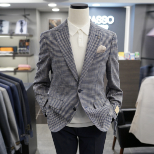 0325春夏款 休闲西服上衣 BASSO蓝色千鸟格羊毛混纺微弹力男士