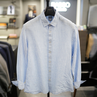 衬衫 0325春季 休闲长袖 BASSO天蓝色粗条纹纯亚麻尖领韩版 男 B新款