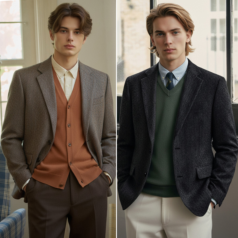 ZIOZIA人字纹羊毛呢料休闲西装男