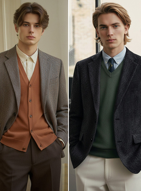 DR0125冬装4折特价ZIOZIA米棕色灰色人字纹羊毛呢料休闲西装男士
