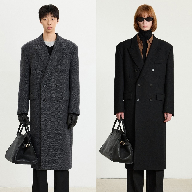 羊毛混纺双排扣长款毛呢大衣