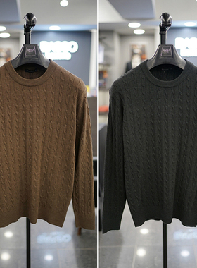 0130秋款BASSO绿色棕色纯色圆领套头绞花休闲长袖针织衫2色