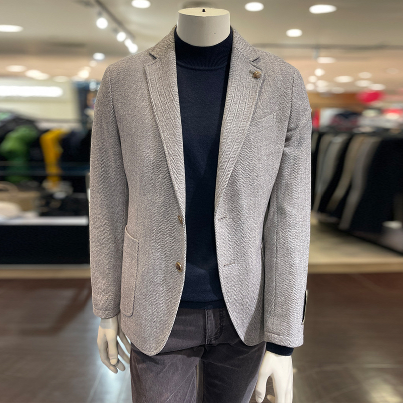 OLZEN米色人字纹夹棉西服外套