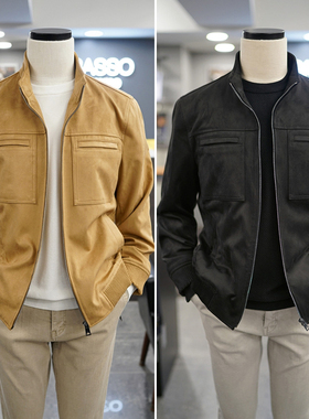 0130春BASSO卡其绿色弹性人造皮革绒面短款立领仿麂皮夹克男士3色