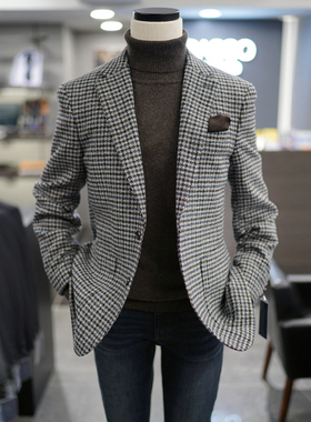 0130秋款BASSO灰色格纹羊毛混纺花呢男士休闲商务西服上衣