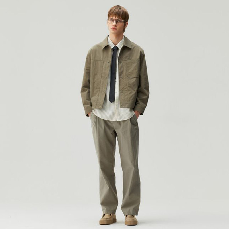 0420夏季款Mind Bridge心桥卡其绿色纯色翻领棉质休闲夹克外套