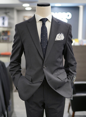 0130秋款BASSO炭灰色纯色羊毛混纺商务弹力西服套装加大190码