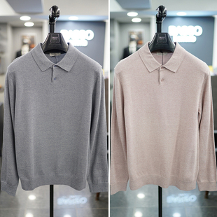 2色 翻领针织衫 0325春装 BASSO浅粉色蓝灰色纯色商务休闲通勤POLO衫