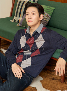 池昌旭明星同款0130秋PARK LAND藏青色菱格假两件针织衫加大190码