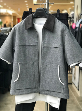 0322夏款Liberclassy灰色翻领异色领弹力拉链短袖夹克青年