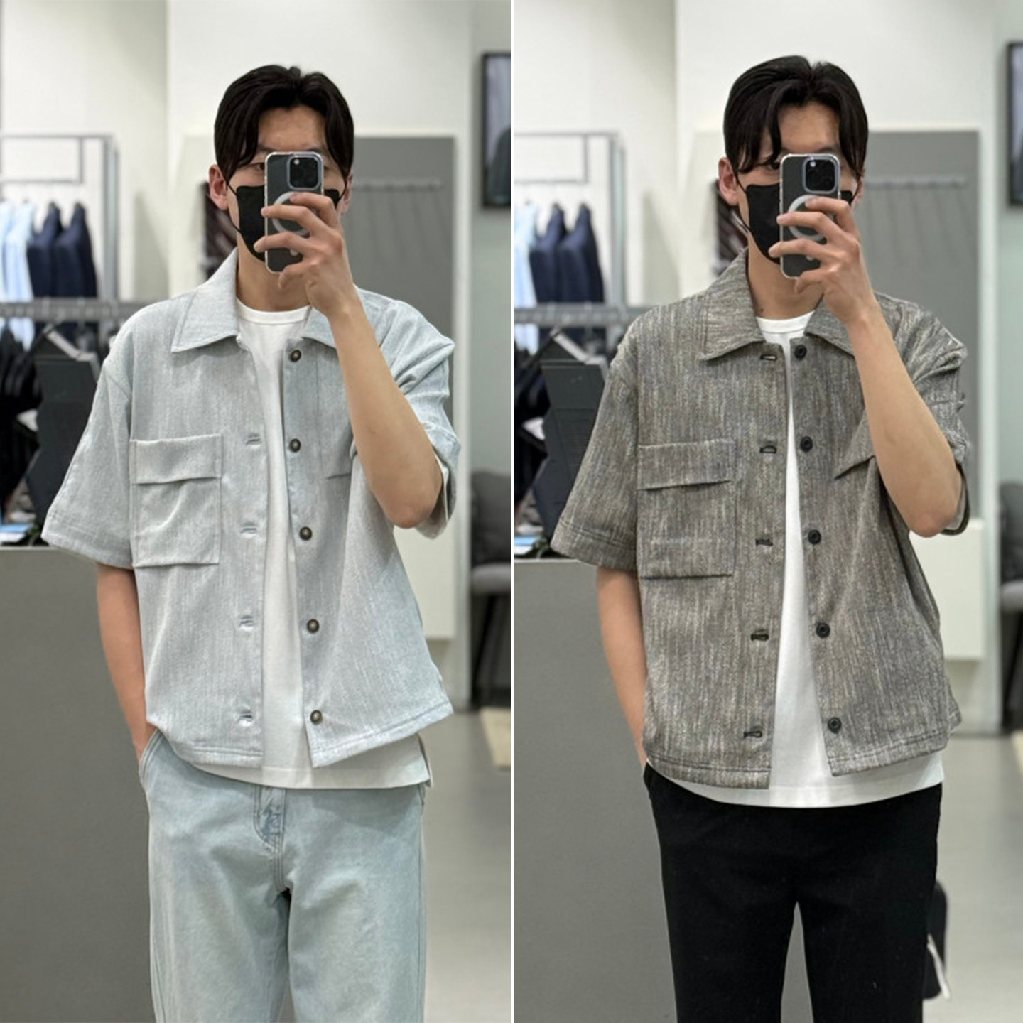 0520夏款Liberclassy黑色蓝色翻领口袋休闲韩版短袖衬衫2色