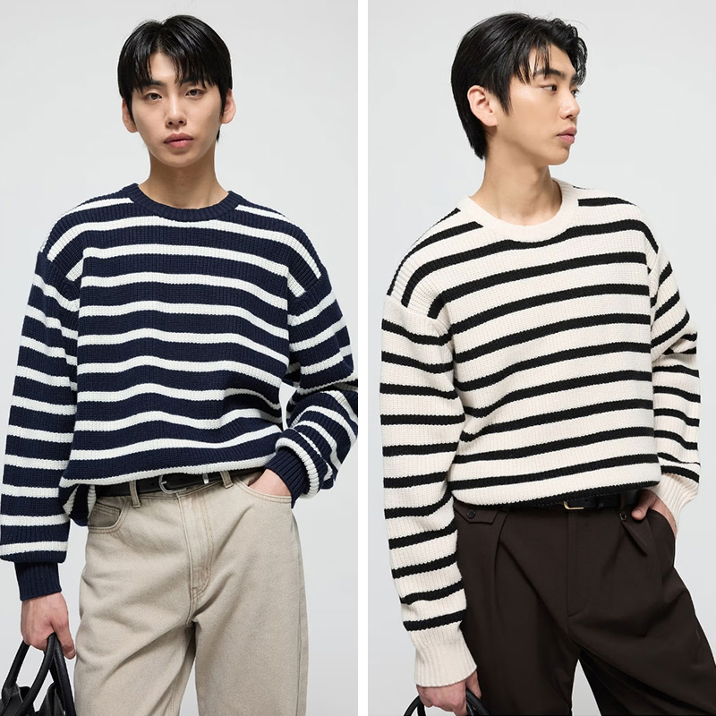 TNGT套头羊毛圆领条纹针织衫