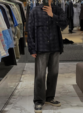 2025年秋季新款SOLID HOMME韩国代购高端男装黑色格纹长袖衬衫Q