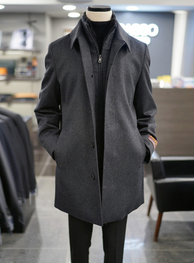 0101冬BASSO炭灰色羊绒混纺可拆卸兔毛领假两件中长款毛呢大衣男