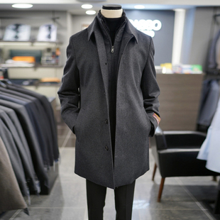 0130冬BASSO炭灰色羊毛混纺可拆卸兔毛领假两件中长款毛呢大衣男