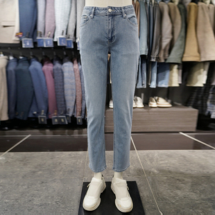 长裤 瘦腿牛仔裤 子男生 BASSO浅蓝色磨白弹力水洗棉修身 0325春装