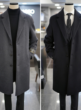 2025年冬季新款BASSO炭灰色可拆卸鹅绒内胆西装领中长款毛呢大衣