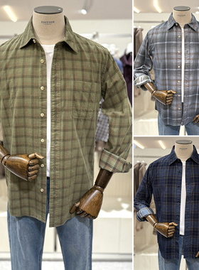 2025冬DITION复古藏青色方格格子格纹纯棉条绒灯芯绒长袖衬衣3色