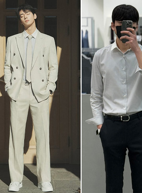 车银优明星同款0322春Liberclassy黑灰色条纹长袖衬衫加大190码