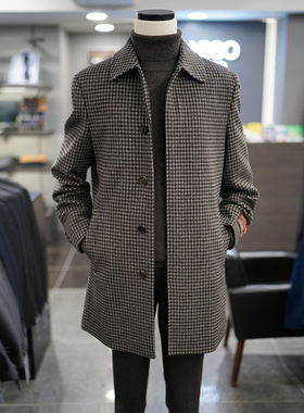 0101冬款BASSO棕色格纹翻领羊毛羊绒混纺中长款毛呢大衣男