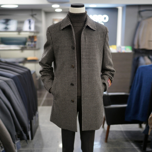 0130冬款BASSO棕色格纹翻领羊毛混纺中长款毛呢大衣男