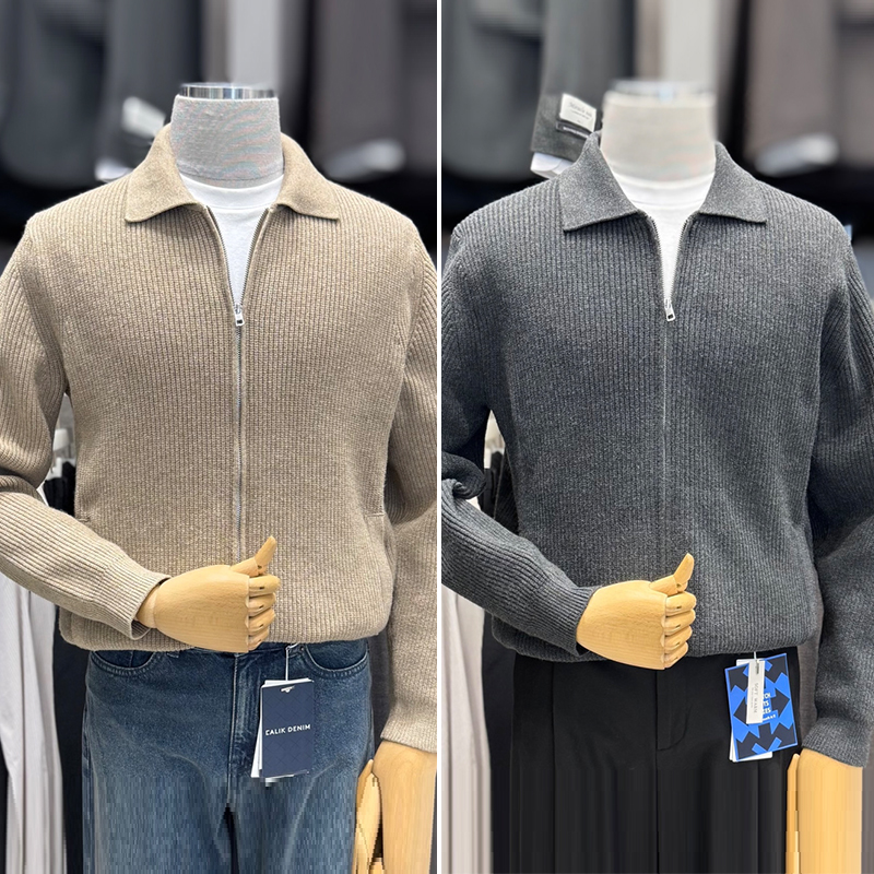男士拉链半开翻领长袖针织衫