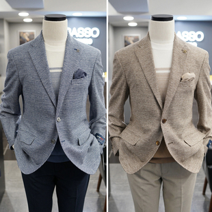 0325春夏款 BASSO米色蓝色纯亚麻华夫格纹双扣休闲西服上衣2色Q