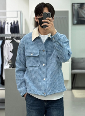 0120秋款Liberclassy 浅蓝色纯棉撞色翻领粗花呢长袖夹克