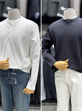 2026年夏季新款ZIOZIA韩版男青年乳白色黑色棉混纺亨利领长袖T恤