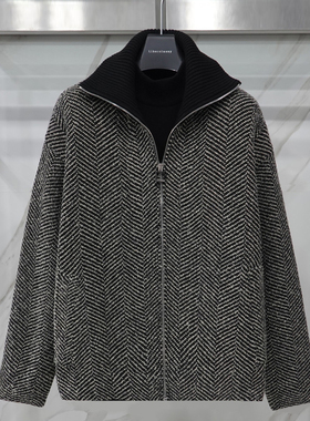 0120秋冬款liberclassy黑色人字纹翻领休闲针织拉链开衫男士