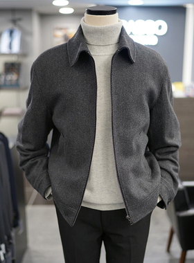 0130秋季新BASSO炭灰色翻领拉链门襟羊毛混纺斜纹夹克棉衣男士