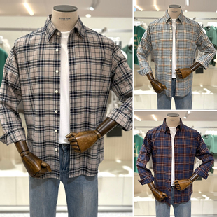 0130秋装EDITION复古米黄色薄荷蓝方格格子格纹衬衫长袖衬衣3色