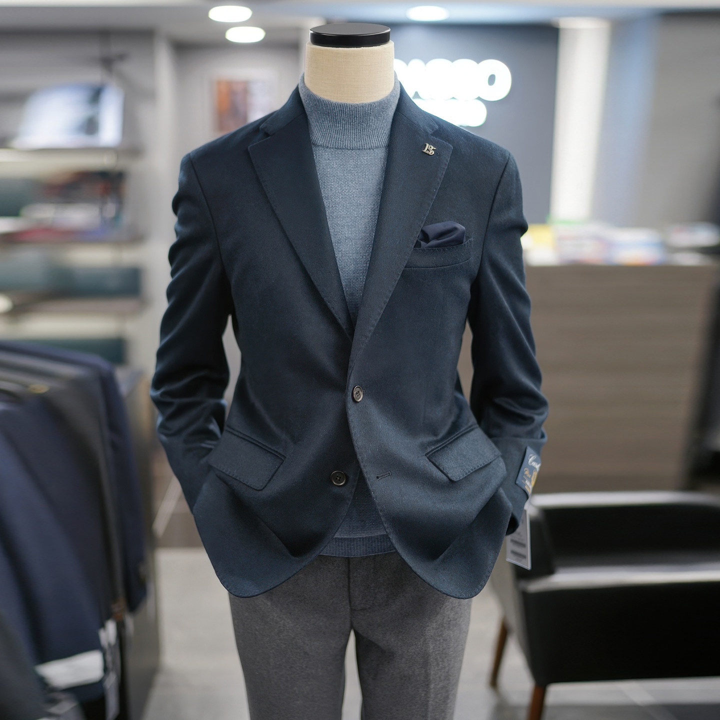 藏蓝色纯羊绒休闲西服上衣外套