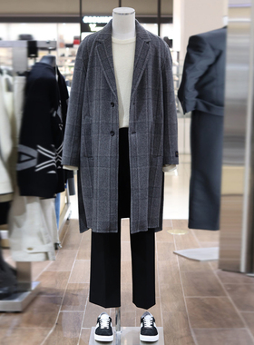 0301秋冬51折SIEG FAHRENHEIT混合灰色格纹束带羊毛毛呢大衣