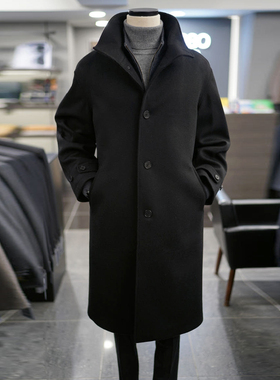 0101冬款BASSO黑色纯色高领防风羊毛羊绒混纺长款毛呢大衣