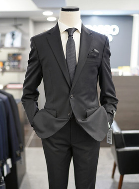 0130秋BASSO黑色纯色商务上班婚礼西服套装西装两件套加大190码