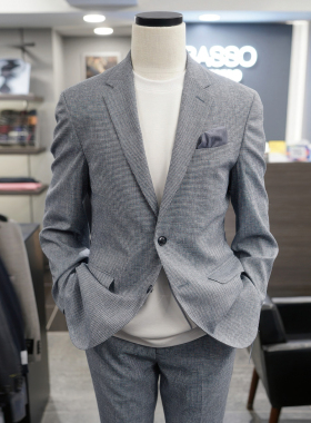 0610夏款BASSO韩版男青年蓝灰色商务职业上班休闲西服套装两件套