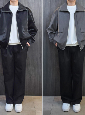 0130秋SONGZIO灰色黑色纯色宽松翻领短款人造皮仿皮夹克外套2色Q