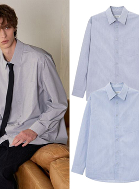 0101秋Mind Bridge心桥蓝色条纹棉混纺宽松休闲长袖衬衫可外搭